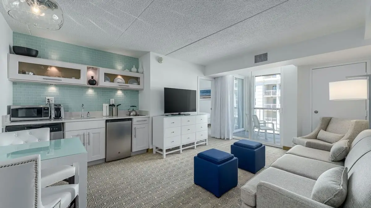 Premium double suite living room and galley kitchen