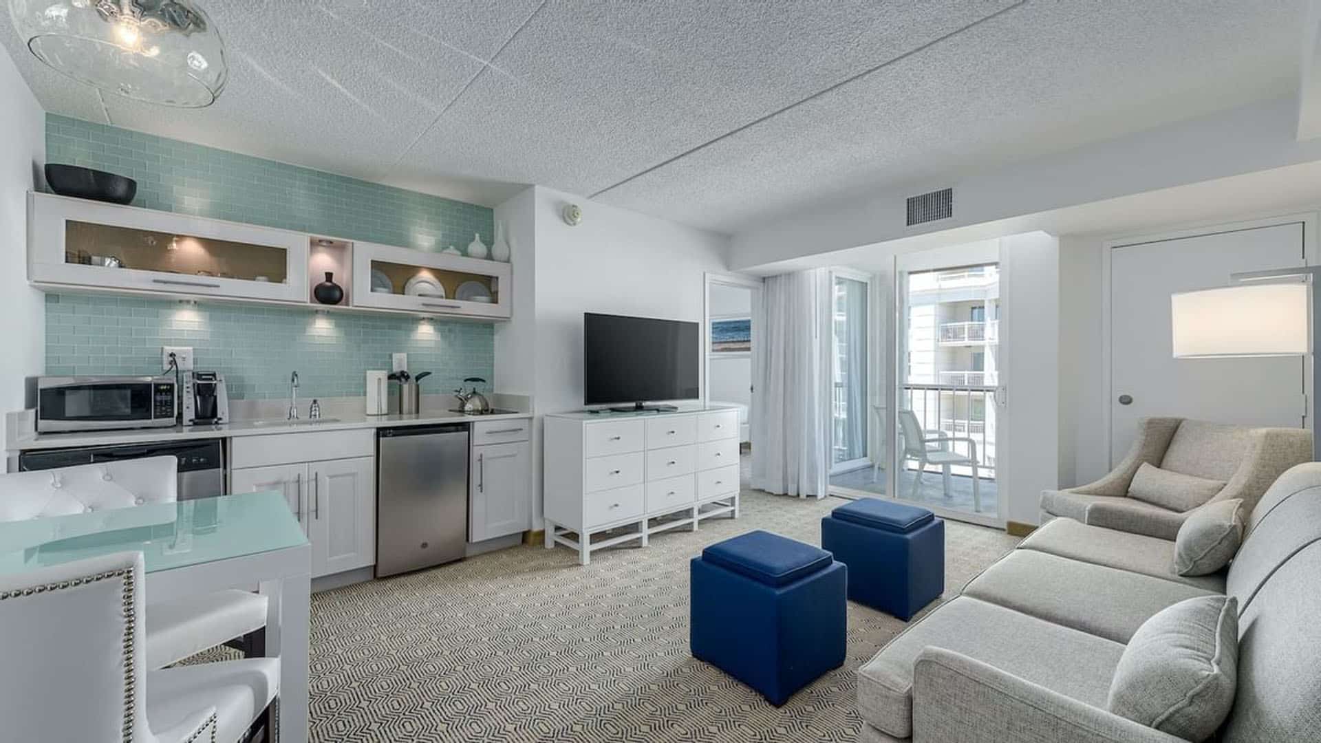 Classic double suite living room and galley kitchen