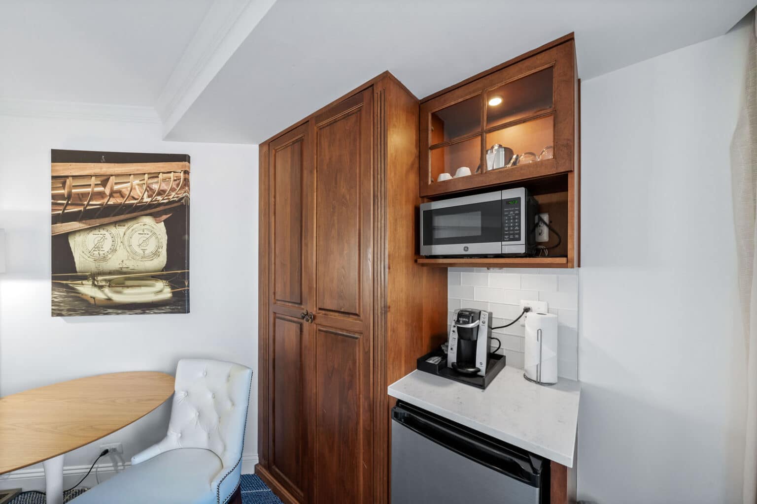 Classic queen hotel room mini fridge, microwave, and coffee maker