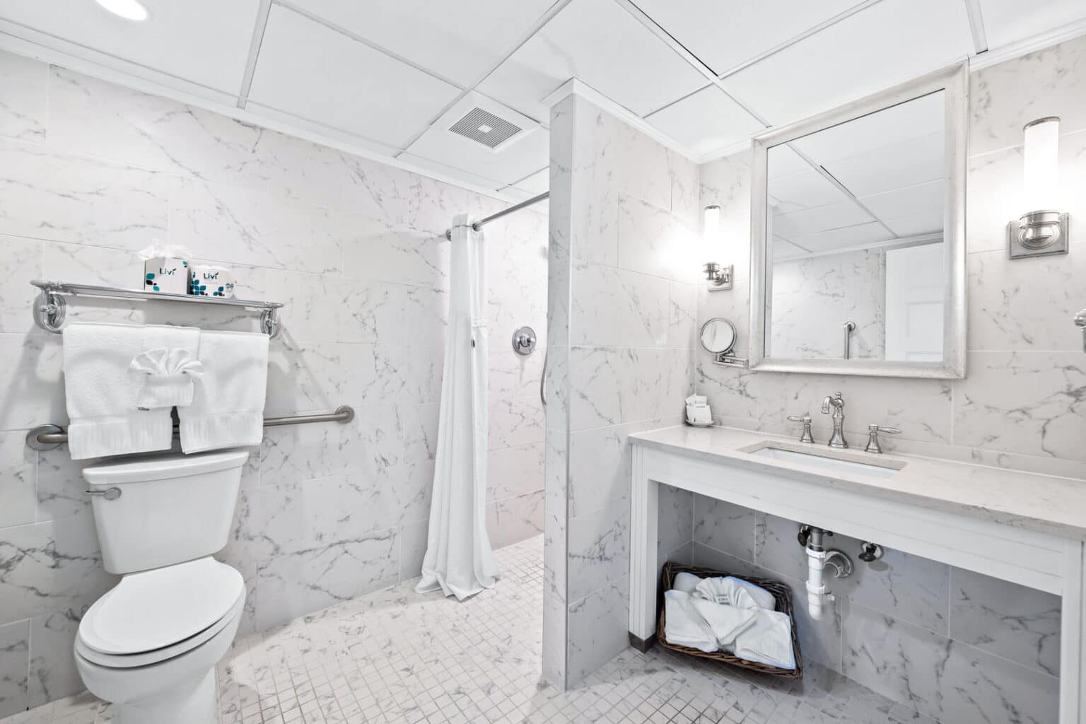 Classic queen studio ADA hotel room bathroom with roll in shower