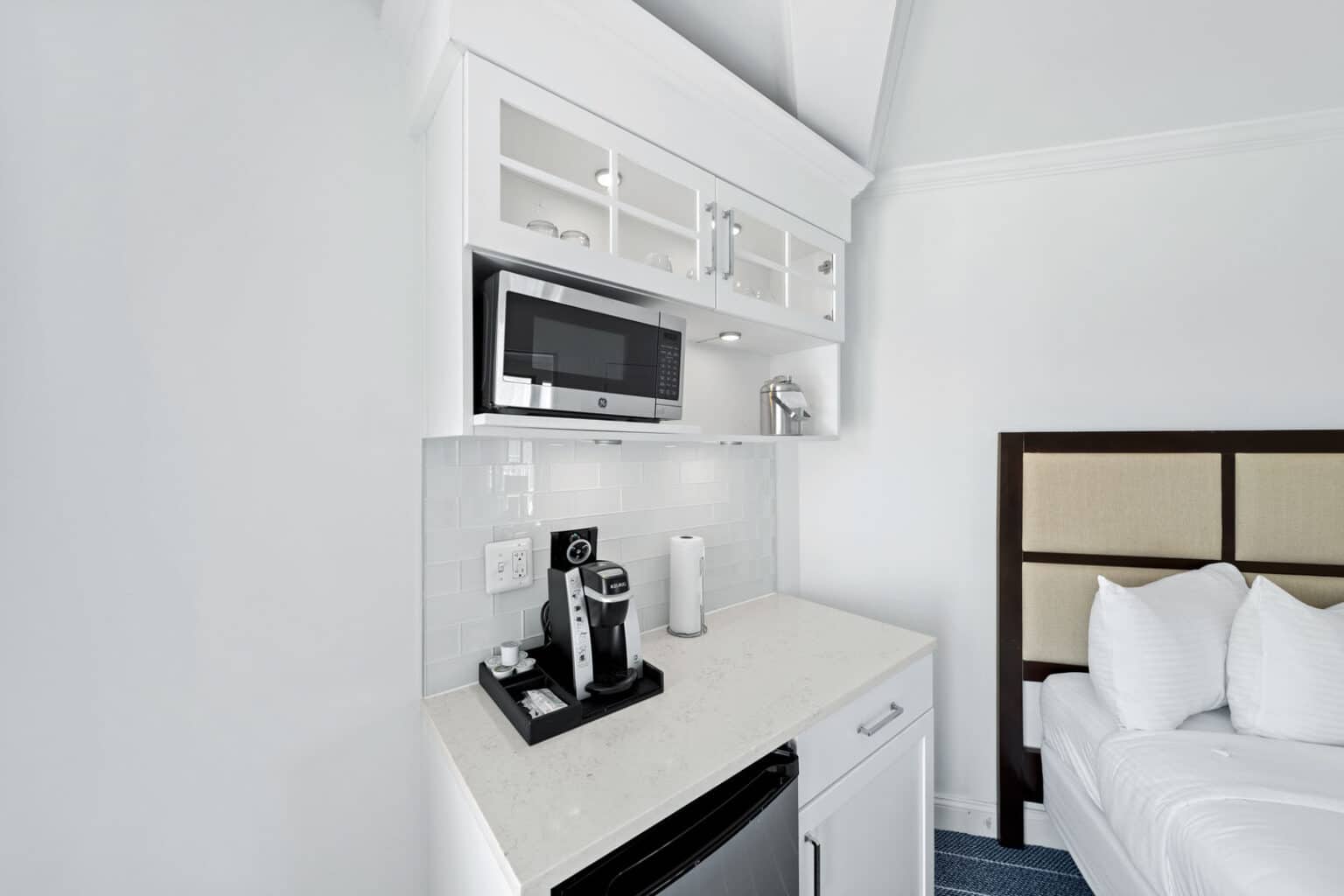 Classic king hotel room coffee maker and microwave