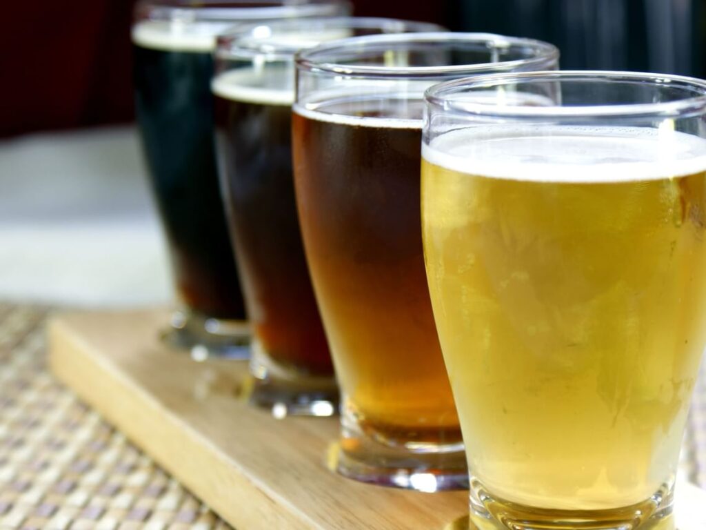 flight of beer at a brewery