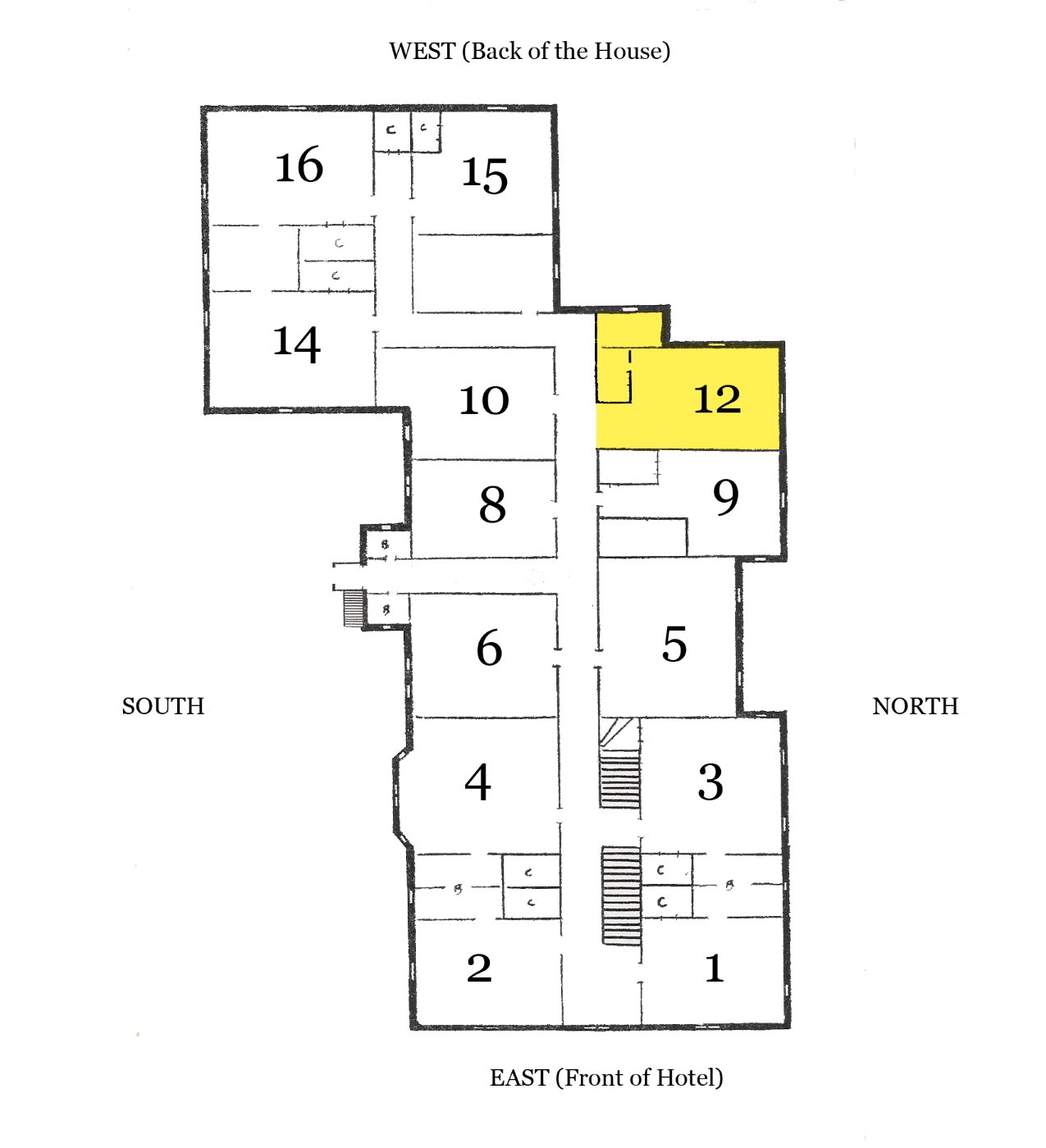 Floor plan of the grand victorian's second floor with room twelve highlighted in the middle of the floor.