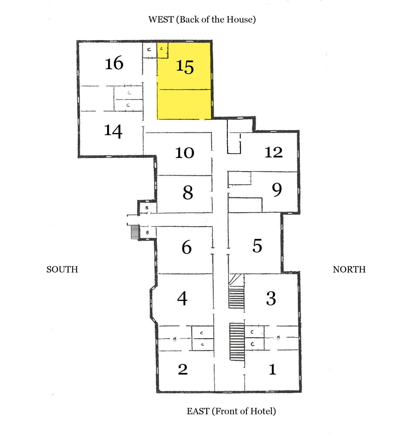 Floor plan of the grand victorian's second floor highlighted room 15 at the back of the house.
