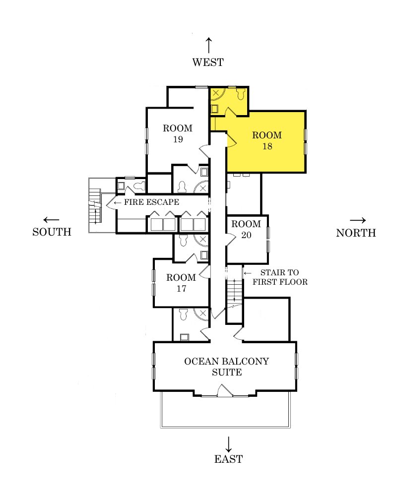 Floor plan of the Grand Victorian hotel's third floor with room 18 highlighted