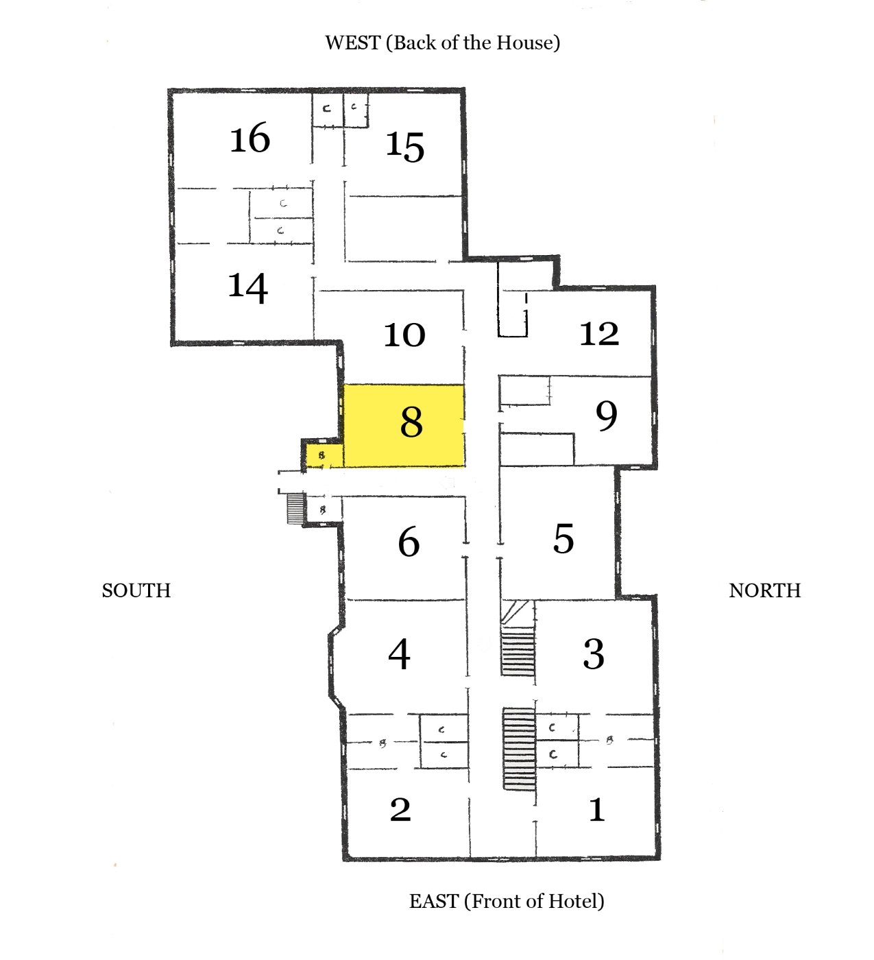 Floor plan of the grand victorian's second floor, highlighting room 8 in the middle of the floor