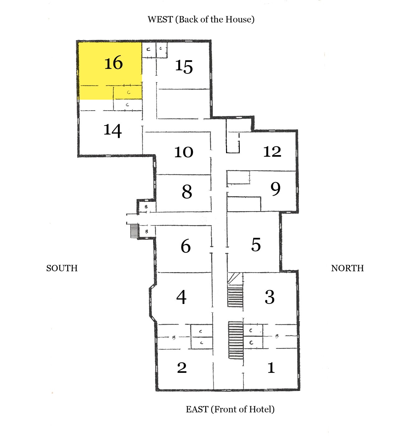 Floor plan of the Grand Victorian's second floor highlighting room 16 at the back of the house.