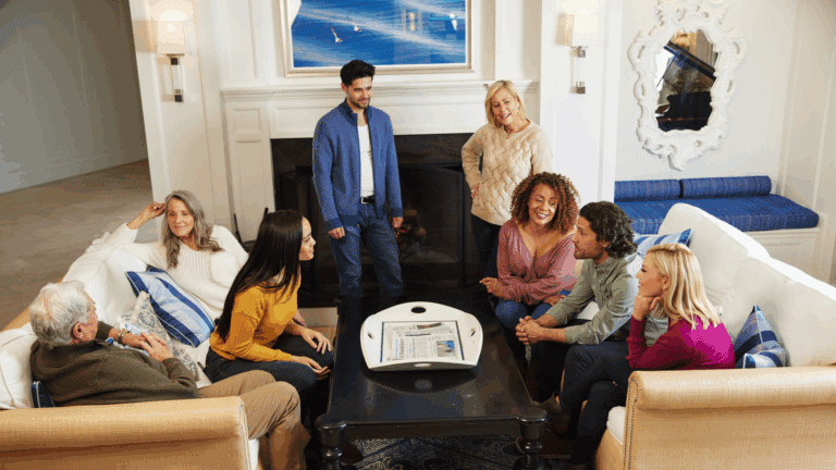Group of family sitting around a fireplace at ICONA Avalon on Thanksgiving