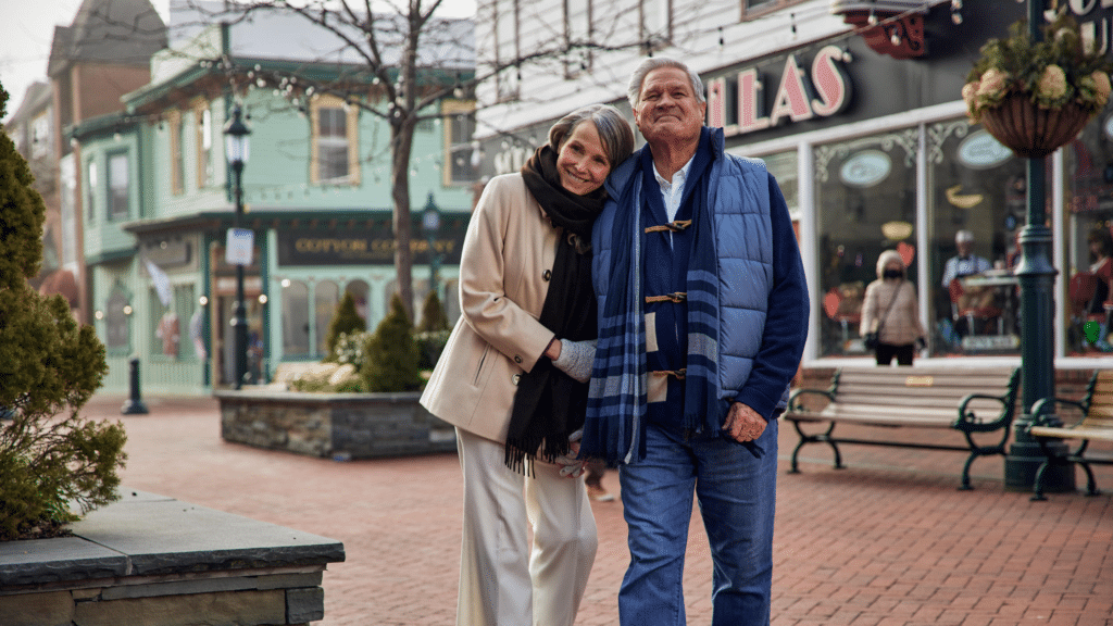 Couple walking in the Washington Street Mall in Cape May in winter